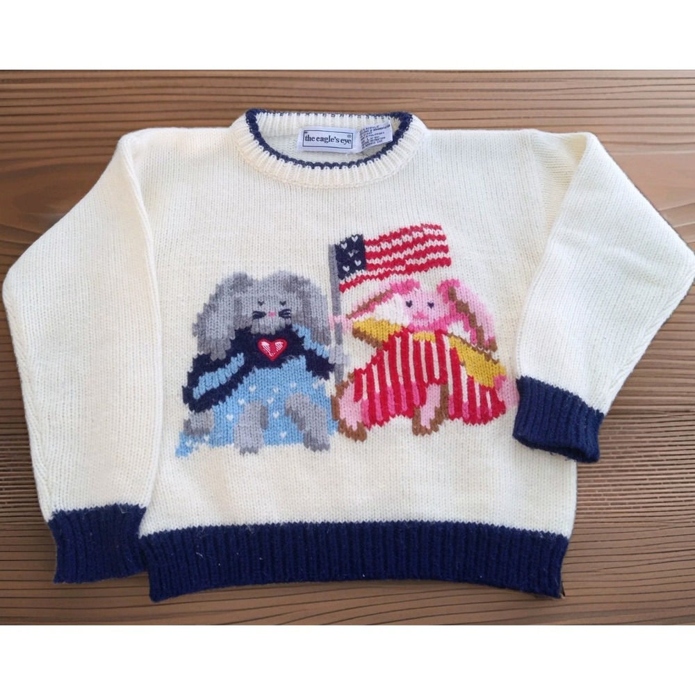 VTG Eagles Eye 80s 90s Patriotic Bunnies Flag Knit Sweater Sz L 6x Americana